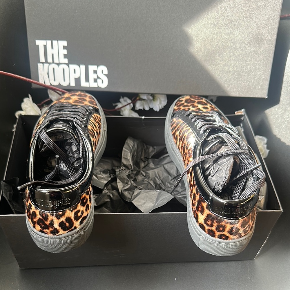 The Kooples Leo Poulain Leather Black& Brown Sneaker Leopard Print Calf Hair NWT